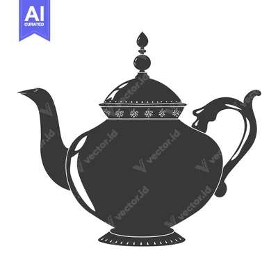 Aset desain premium: Ornate Black and White Teapot Silhouette