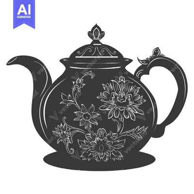 Aset premium populer: Ornate Black and White Teapot with Floral Design