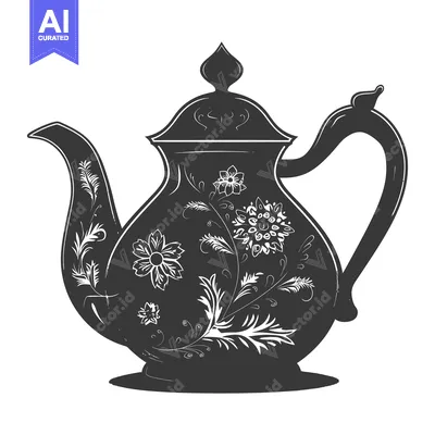 Premium design asset: Ornate Black and White Teapot with Floral Design