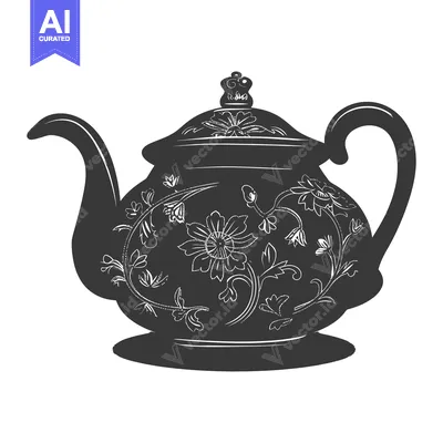 Aset desain premium: Ornate Black and White Floral Teapot Silhouette
