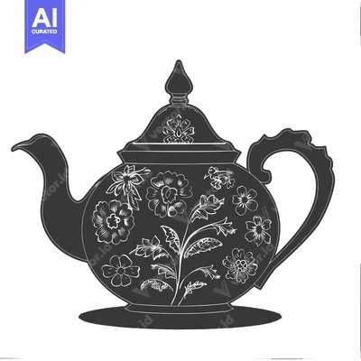 Aset desain premium: A Black and White Illustration of a Teapot with Floral Designs