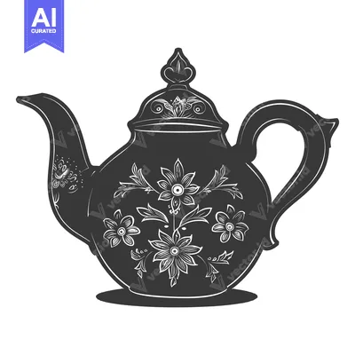 Black and White Illustration of a Teapot with Floral Design