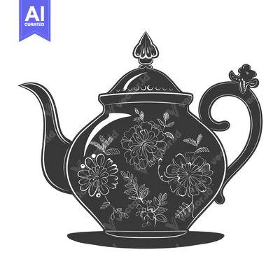 Premium design asset: Ornate Black and White Teapot with Floral Design