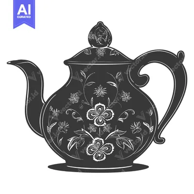 Premium design asset: Ornate Black and White Teapot with Floral Design