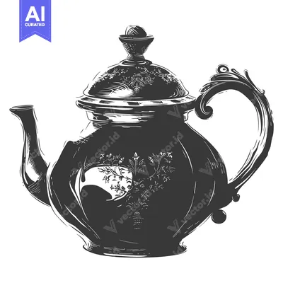 Aset desain premium: Hand-Drawn Sketch of a Vintage Teapot with Ornate Design