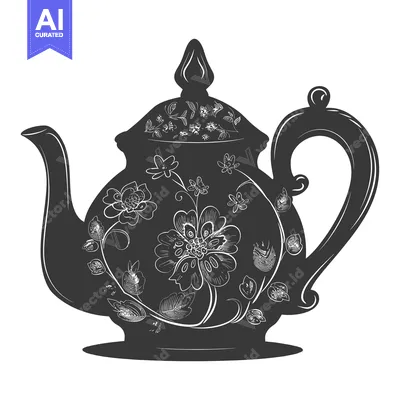 Premium design asset: Ornate Black and White Teapot with Floral Design