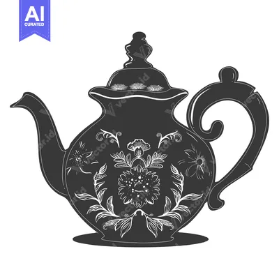 Aset premium populer: Ornate Black and White Teapot with Floral Design