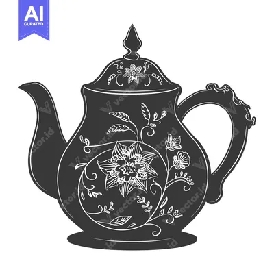 Ornate Black and White Teapot with Floral Design