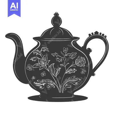 Premium design asset: Ornate Black and White Teapot with Floral Design