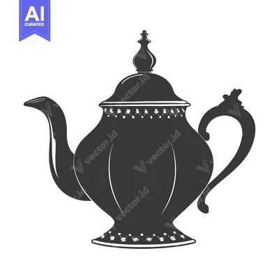 Aset premium populer: A Black and White Silhouette of a Vintage Teapot with Floral Decoratio