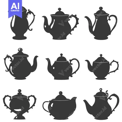 Nine Black Silhouettes of Vintage Teapots