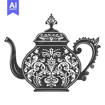 Aset premium populer: Ornate Black and White Teapot with Intricate Floral Design