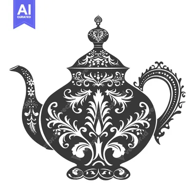Premium design asset: Ornate Black and White Teapot with Floral Design