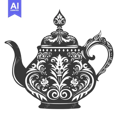 Aset desain premium: Ornate Black and White Teapot with Floral Design