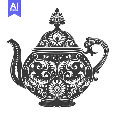 Aset desain premium: Ornate Black and White Teapot with Floral Design