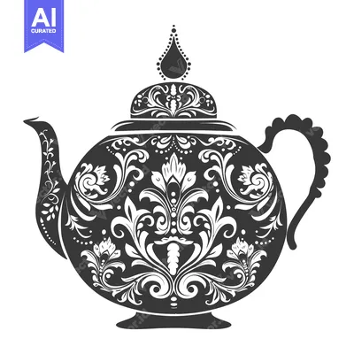 Aset desain premium: Ornate Black and White Teapot with Floral Design