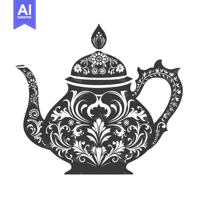 Aset premium populer: Ornate Black and White Teapot with Floral Design