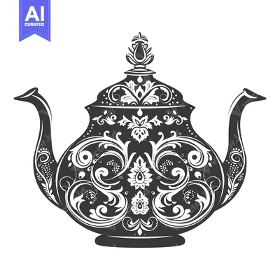 Aset desain premium: Ornate Black and White Teapot with Floral Design