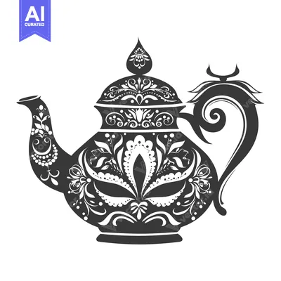 Premium design asset: Ornate Black and White Teapot with Floral Design