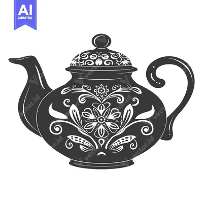 Aset premium populer: Ornate Black and White Teapot with Floral Design