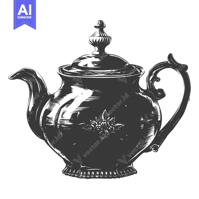 Premium design asset: A Detailed Black and White Illustration of a Vintage Teapot