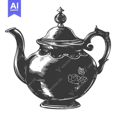 Black and White Illustration of an Ornate Teapot with a Rose Design