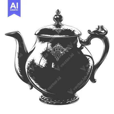 Ornate Black and White Hand-Drawn Teapot Illustration