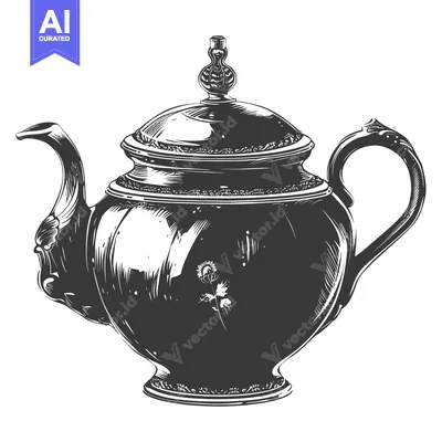 Aset desain premium: Ornate Teapot with Flower Design in Hand-Drawn Style