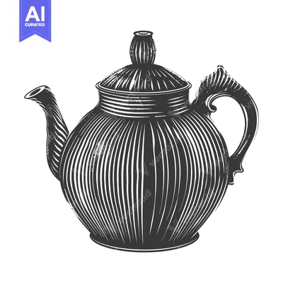 Black and White Illustration of a Striped Teapot