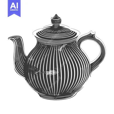 Premium design asset: Hand-Drawn Black and White Illustration of a Teapot with a Striped Des