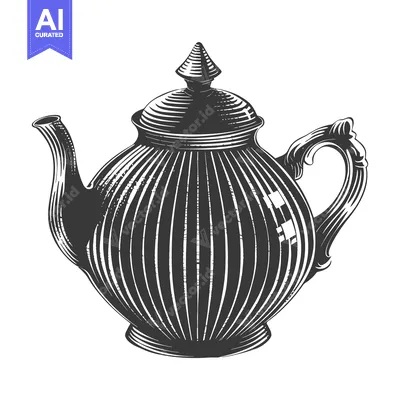 Hand-Drawn Vintage Teapot with Ornate Handle and Striped Design