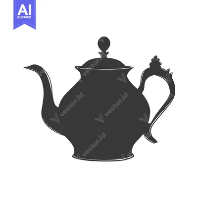 Premium design asset: A black and white silhouette of a teapot with a decorative handle and