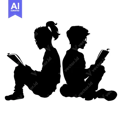Aset premium populer: Black and White Silhouette of Two Children Reading Books