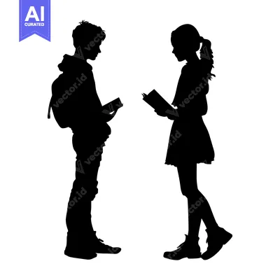 Aset desain premium: Silhouette of a Boy and Girl Holding Books