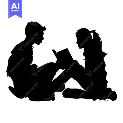 Aset desain premium: Silhouette of a Boy and Girl Sitting and Reading a Book Together
