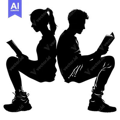 Aset desain premium: Silhouette of a Young Couple Sitting Back to Back Reading Books