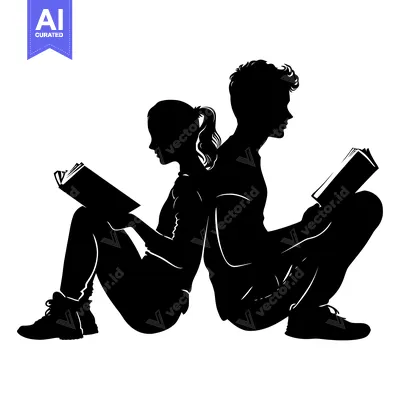 Popular premium asset: Silhouette of a Boy and Girl Reading Books Back-to-Back