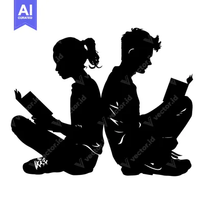 Silhouette of a boy and girl reading books back-to-back