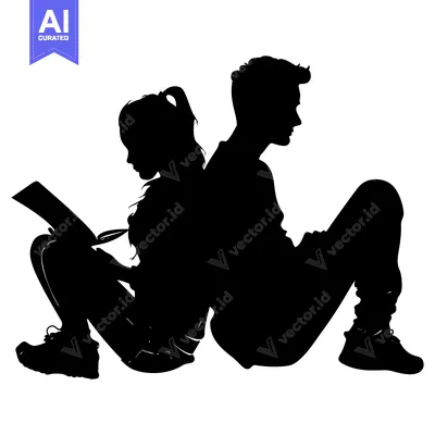 Aset desain premium: Silhouette of a Young Couple Sitting and Reading