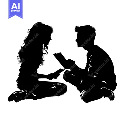 Aset desain premium: Silhouette of a Couple Reading a Book Together