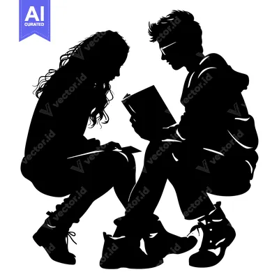 Aset desain premium: Silhouette of a Couple Reading a Book Together