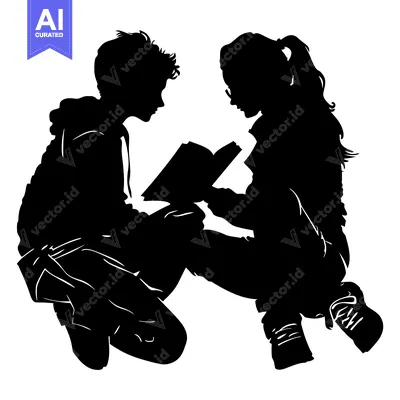 Silhouette of two teenagers reading a book together