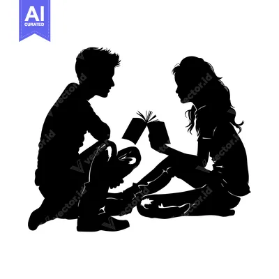 Aset desain premium: Silhouette of a Couple Sharing a Book