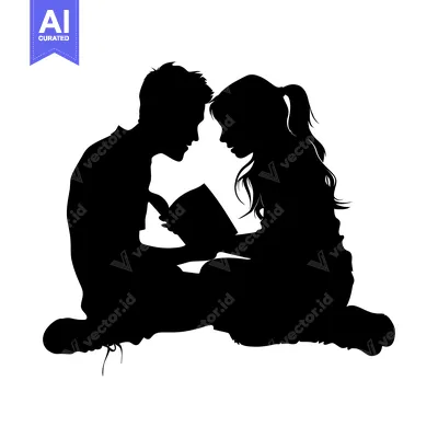 Aset premium populer: Silhouette of a Boy and Girl Sharing a Book