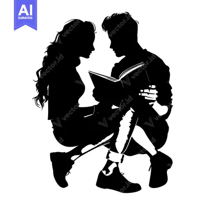 Aset desain premium: Silhouette of a Couple Sharing a Book