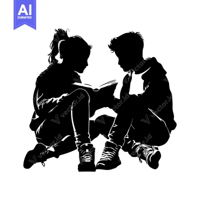 Aset desain premium: Black and White Silhouette of Two Children Reading a Book Together