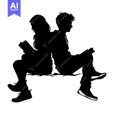 Popular premium asset: Silhouette of a young couple sitting back-to-back and reading books