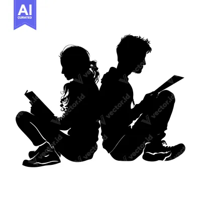 Aset premium populer: Silhouettes of a young couple sitting back-to-back, engrossed in readi