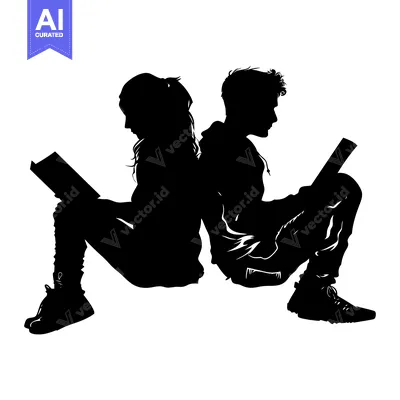 Aset desain premium: Silhouette of two people reading books, back to back