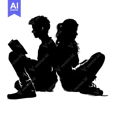 Aset premium populer: Silhouette of a Boy and Girl Sitting Back-to-Back Reading a Book